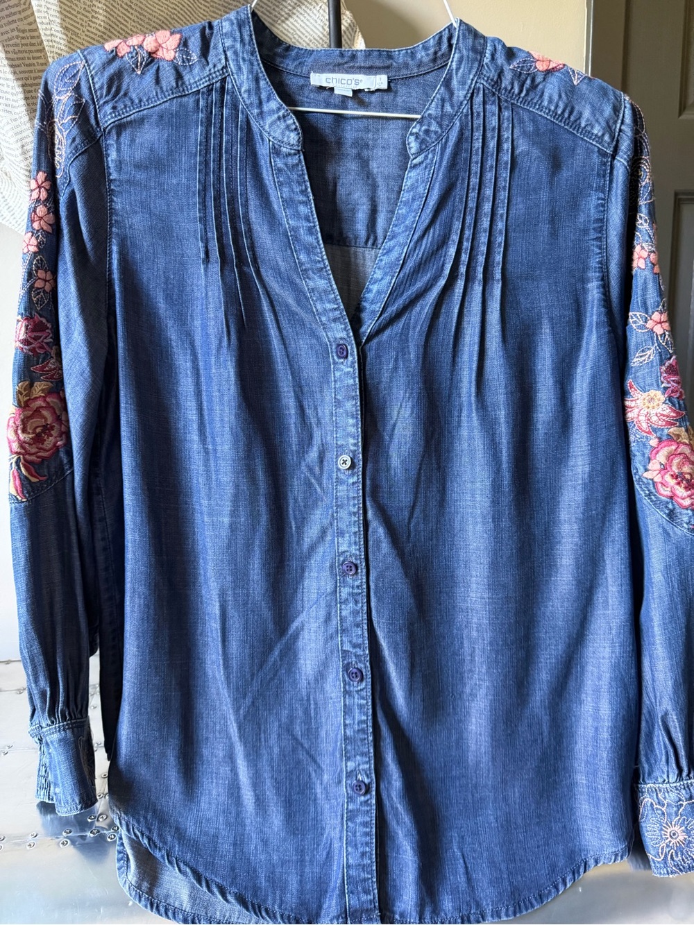 Chico's Blue Denim Button-Front Shirt with Pink Floral Embroidery